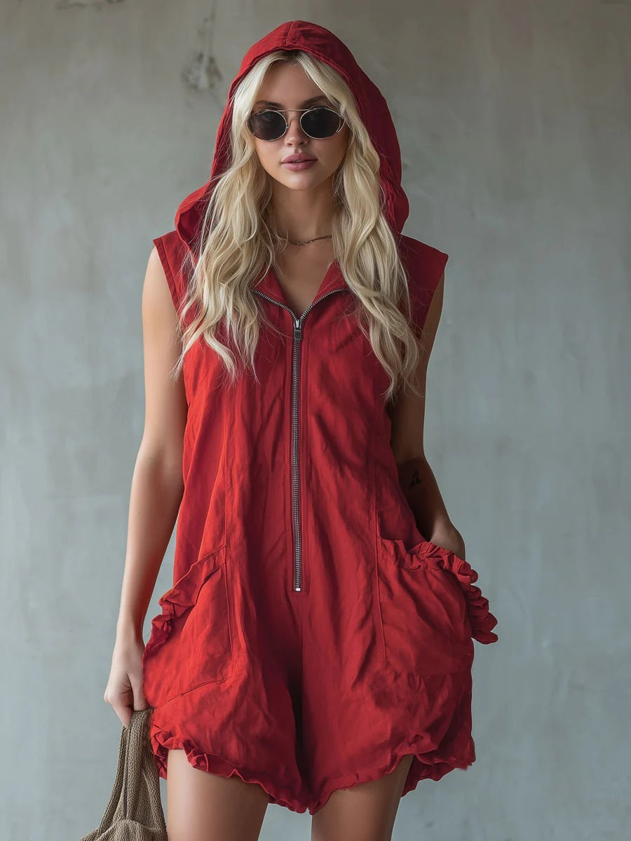 Hooded Zip-Up Linen Romper | Ruffle Pocket & Hem | Sleeveless Boho Jumpsuit