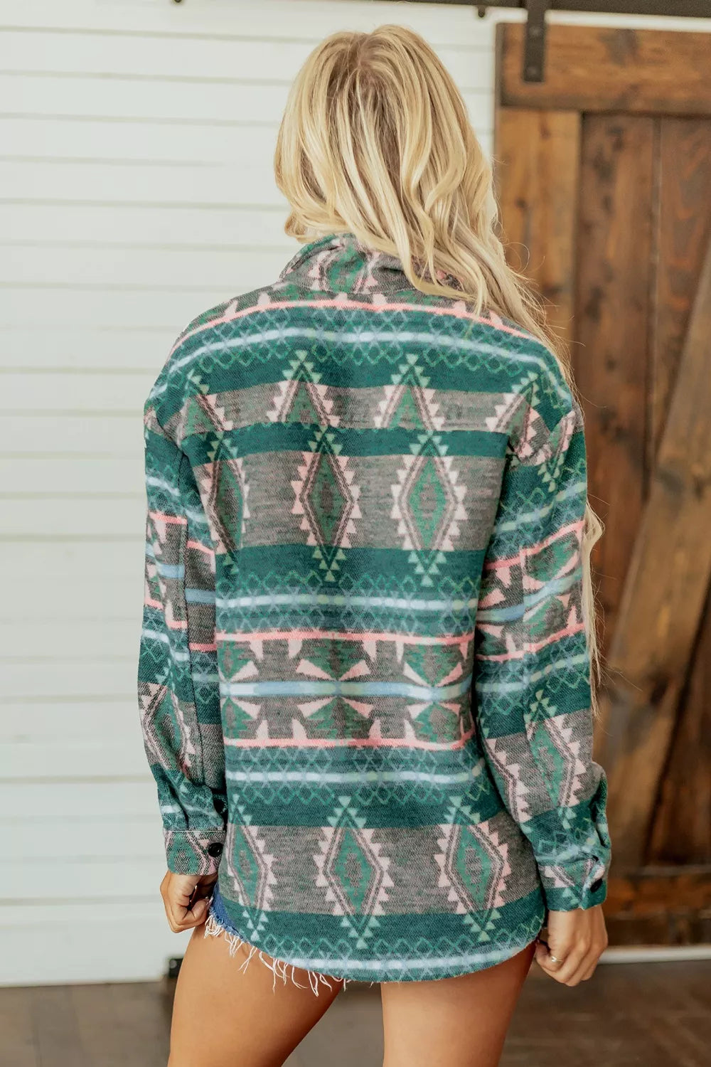 Geometric Print Button Front Long Sleeve Shacket