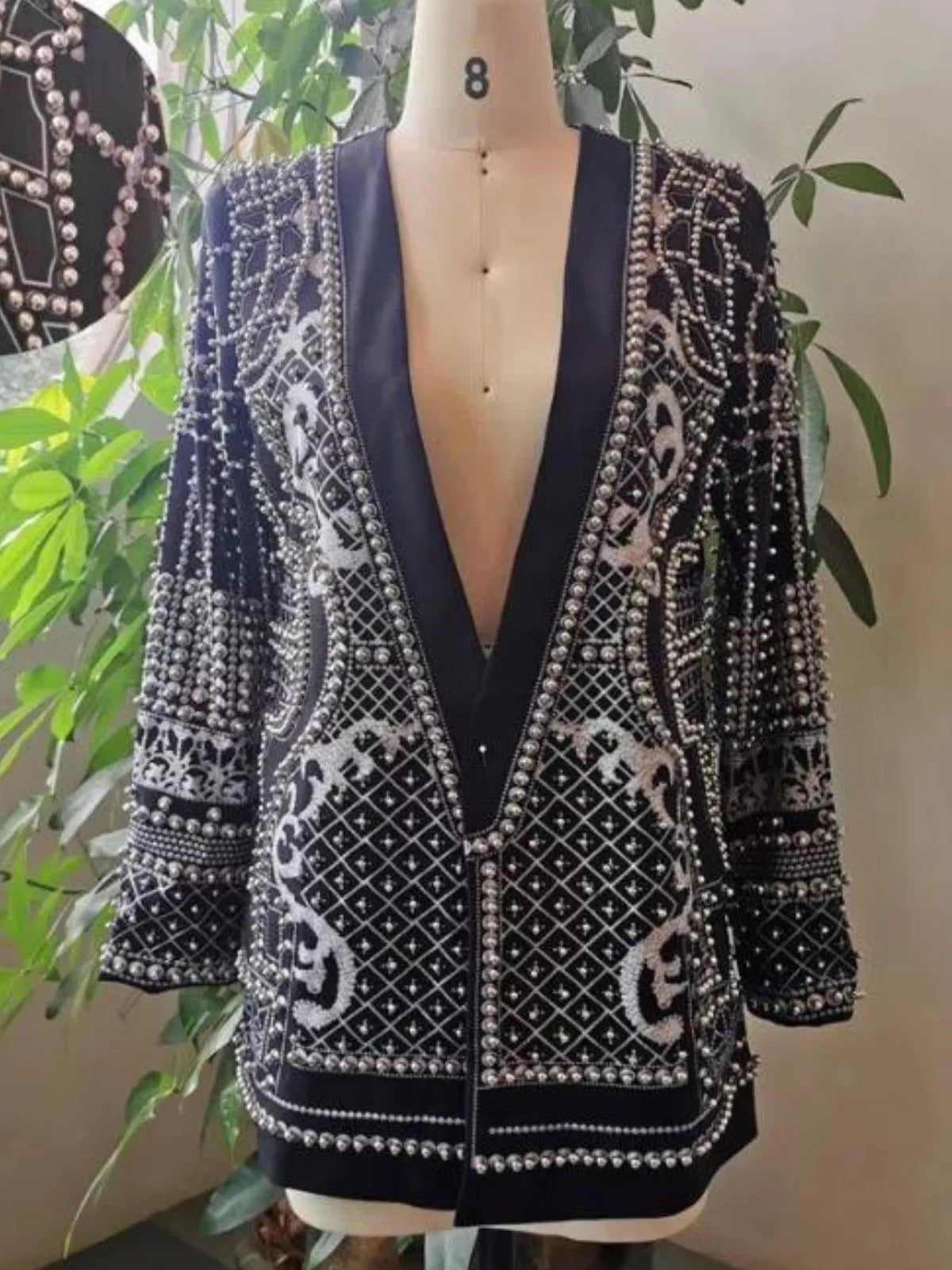Full Size Embellished Pearl One-Button Blazer Plus Size