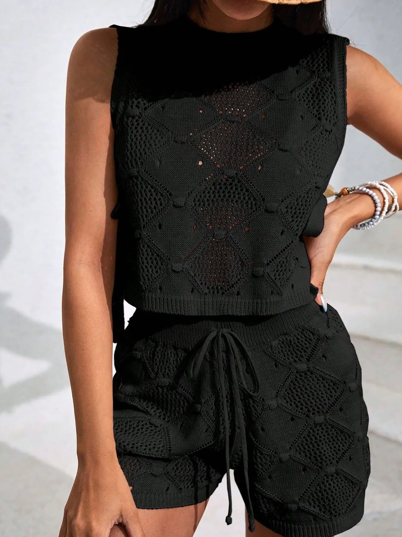 Diamond Pattern Sleeveless Top and Shorts Knit Set