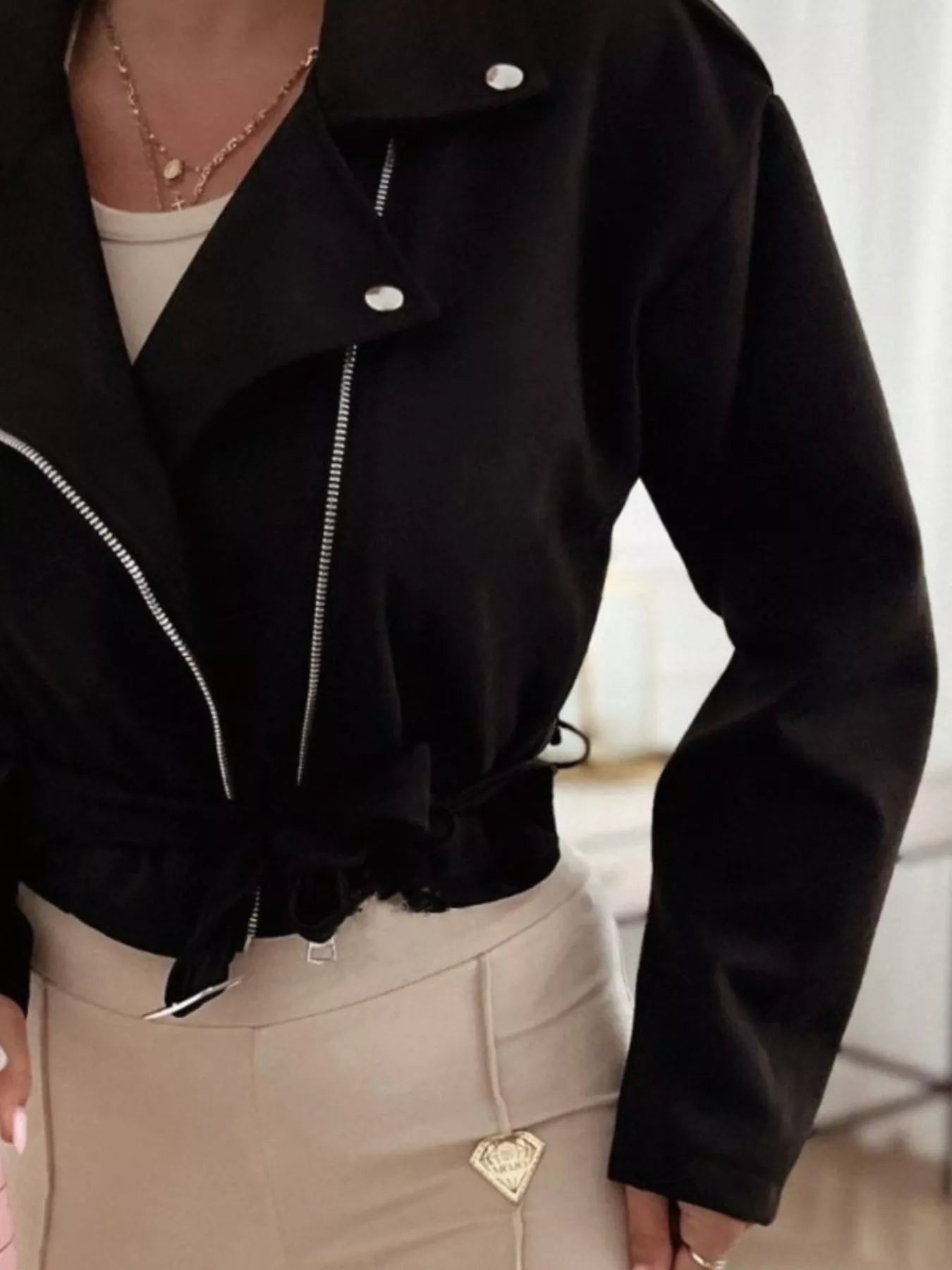 Cropped Biker Jacket with Belt Detail