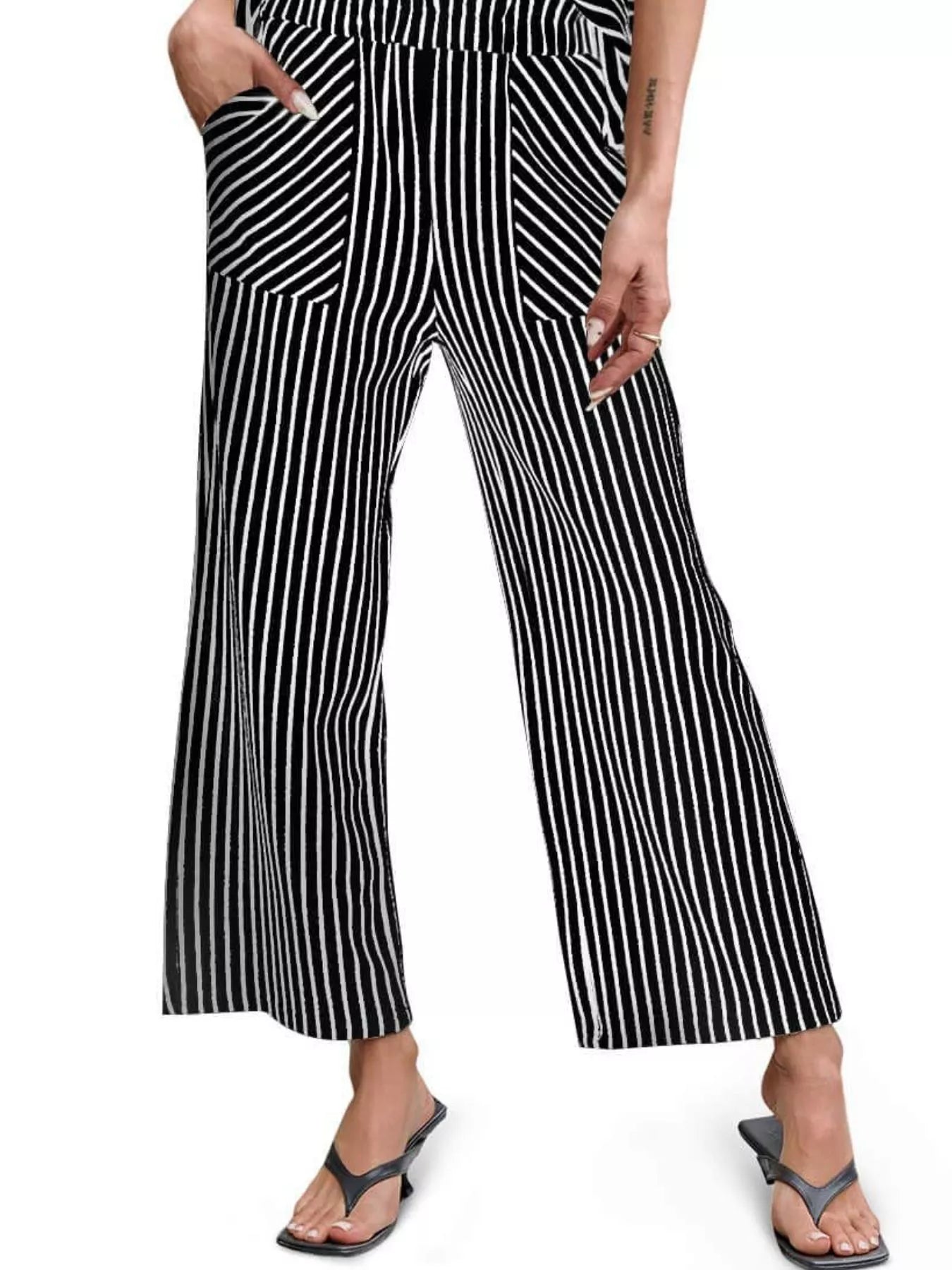 Casual Striped Short Sleeve Top and Wide Leg Pants Two-Piece Set