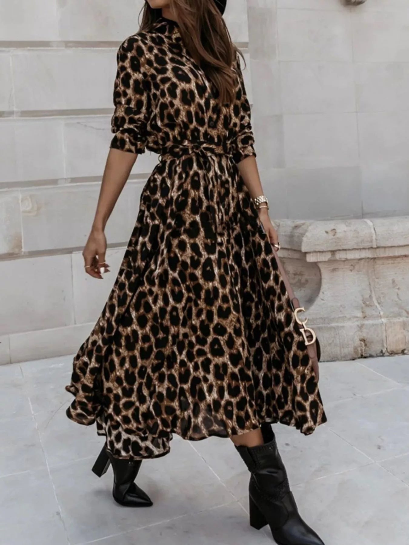 Leopard Print Button-Down Midi Dress with Belt