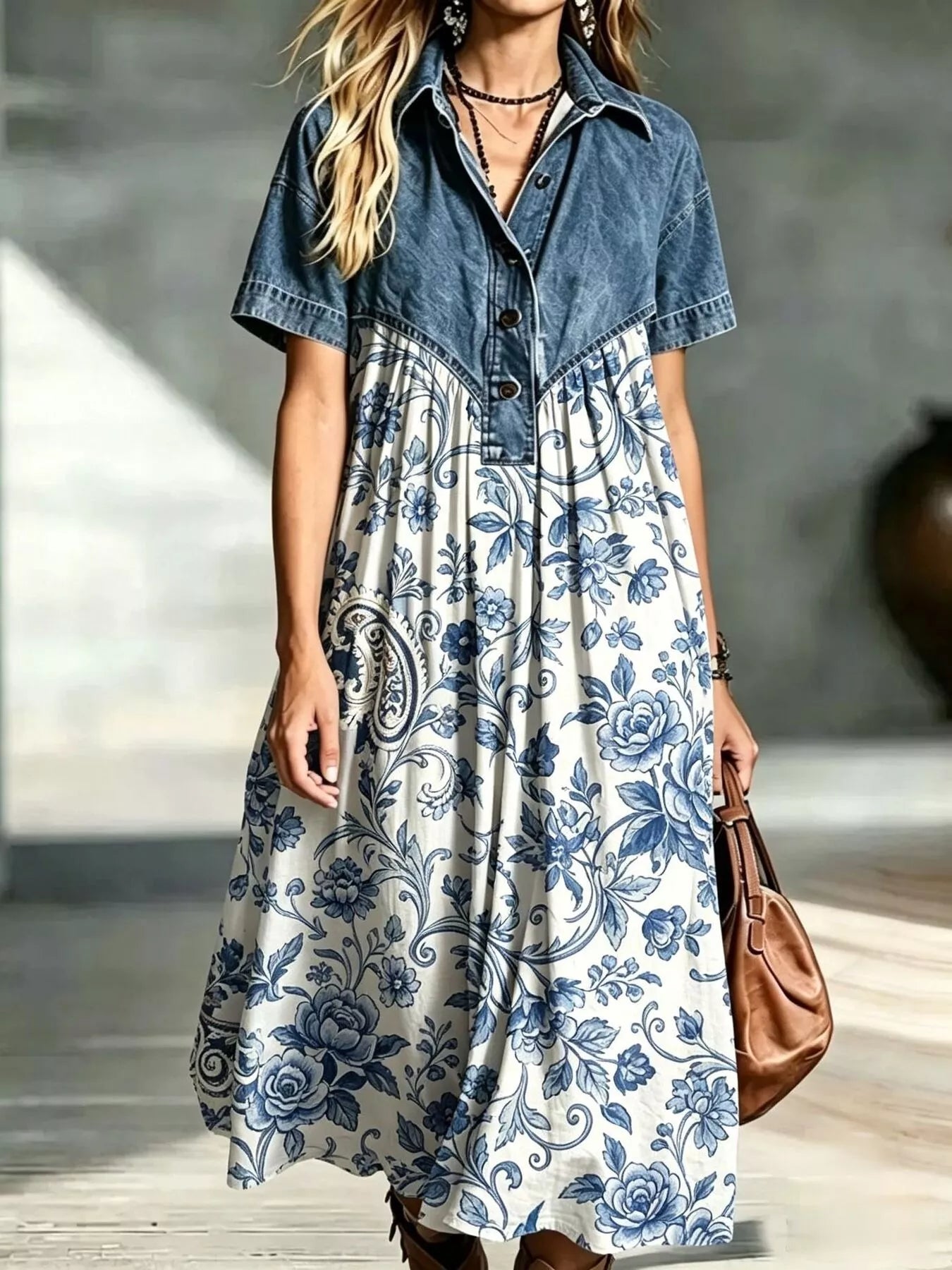 Full Size Denim Patchwork Printed Shirt Dress Plus Size