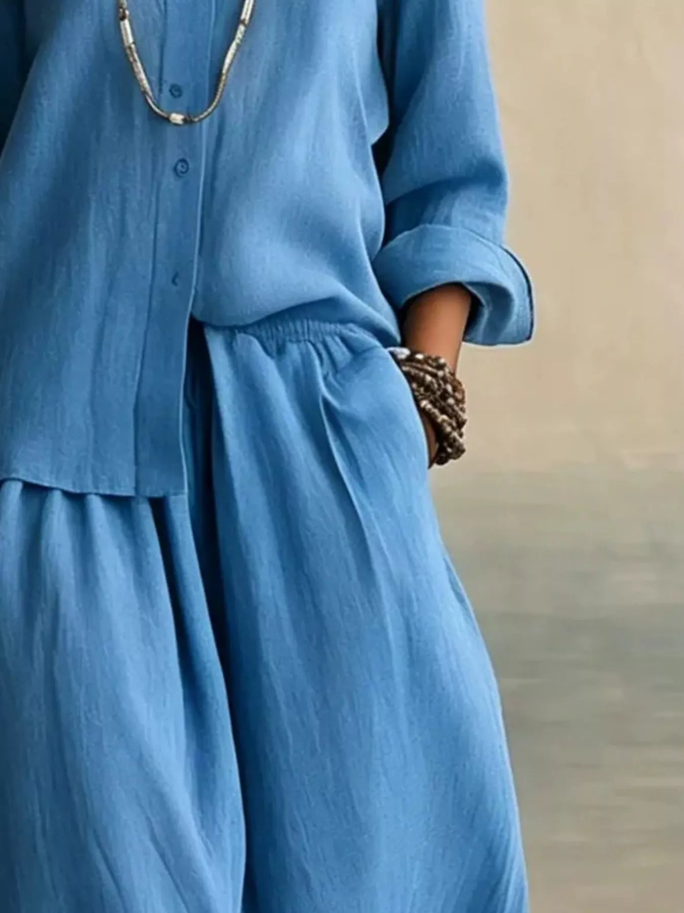 Full Size Button Up Shirt and Wide-Leg Pants Set Plus Size