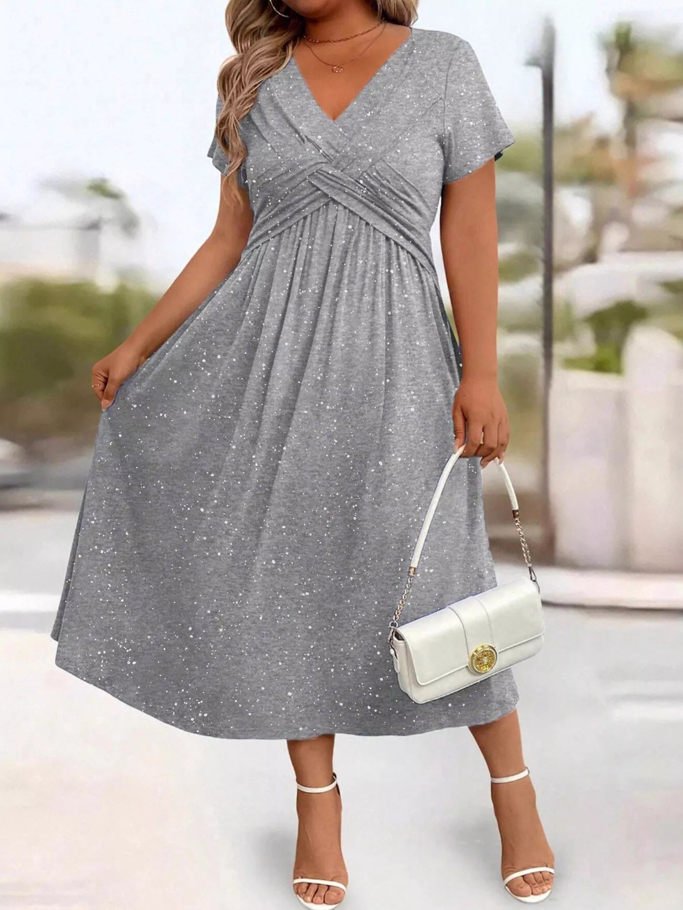 Full Size Glitter Flutter Sleeve Midi Dress Plus Size