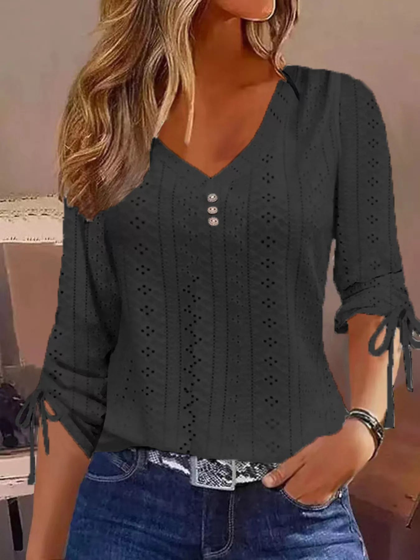Full Size V-Neck Eyelet Drawstring Sleeve Top Plus Size