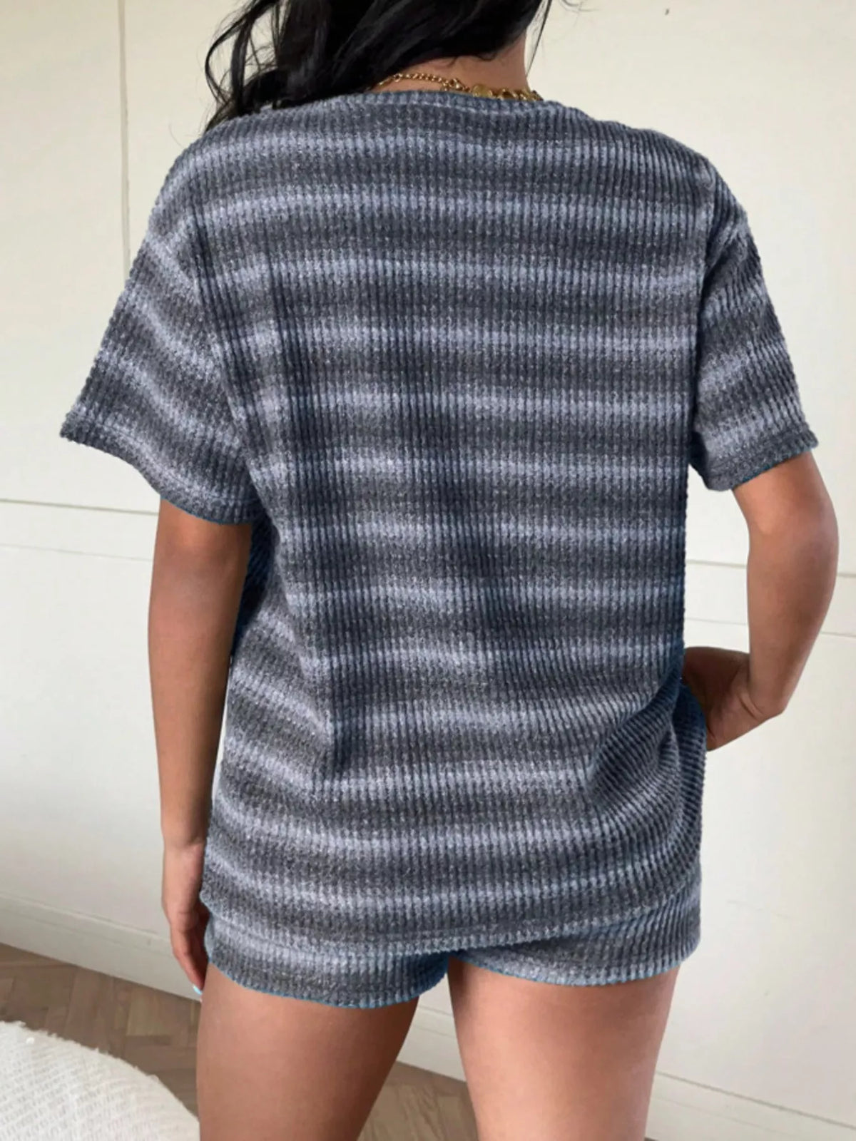 Striped Textured Knit Top and Shorts Set