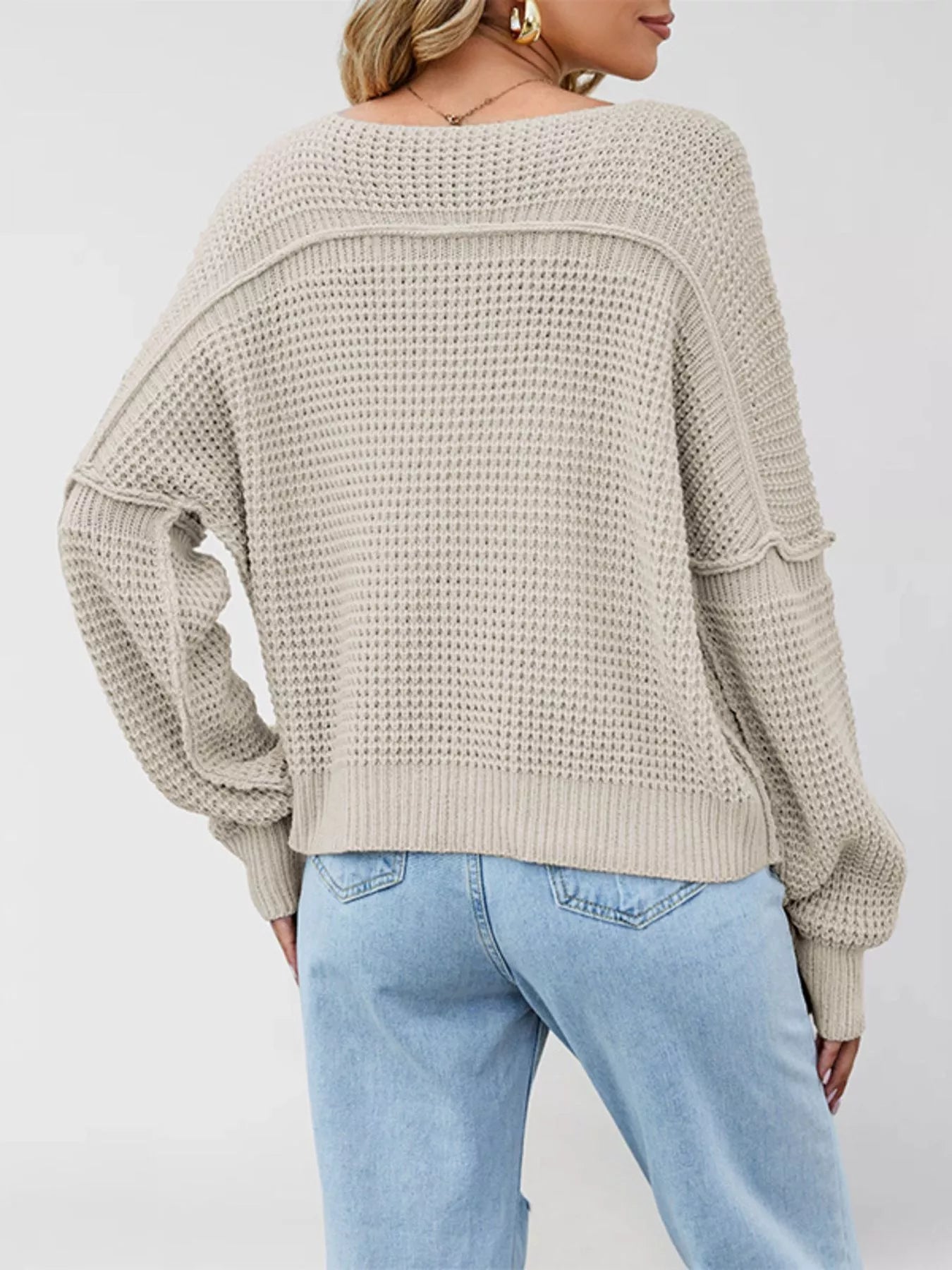 Waffle Knit Dropped Shoulder Sweater