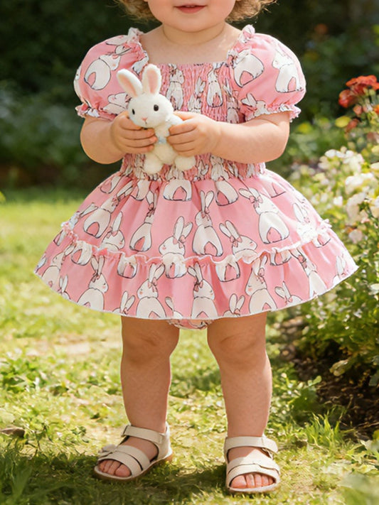 Children's Bunny Print Smocked Dress & Headband Set