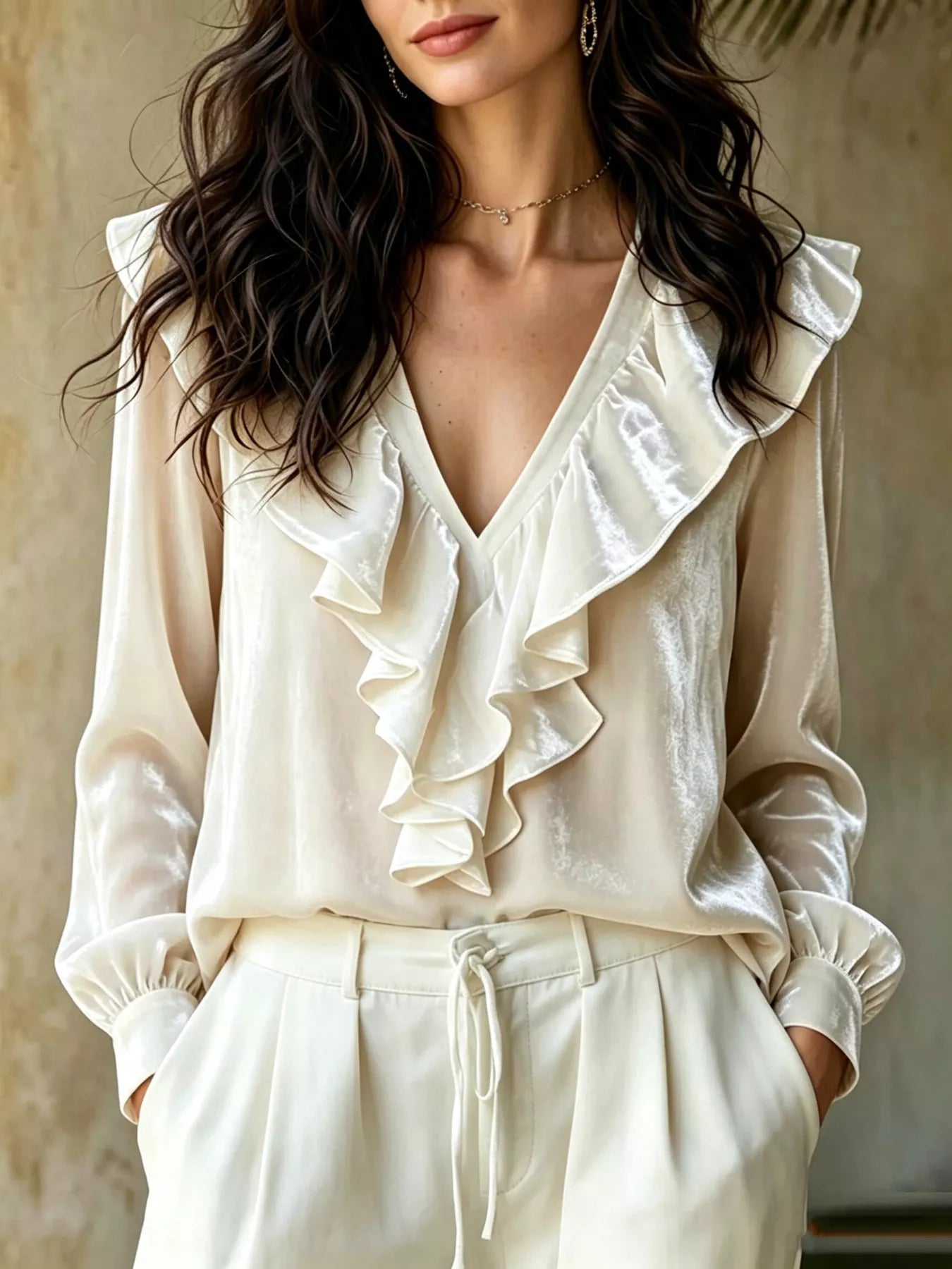 Ruffled V-Neck Long Sleeve Blouse
