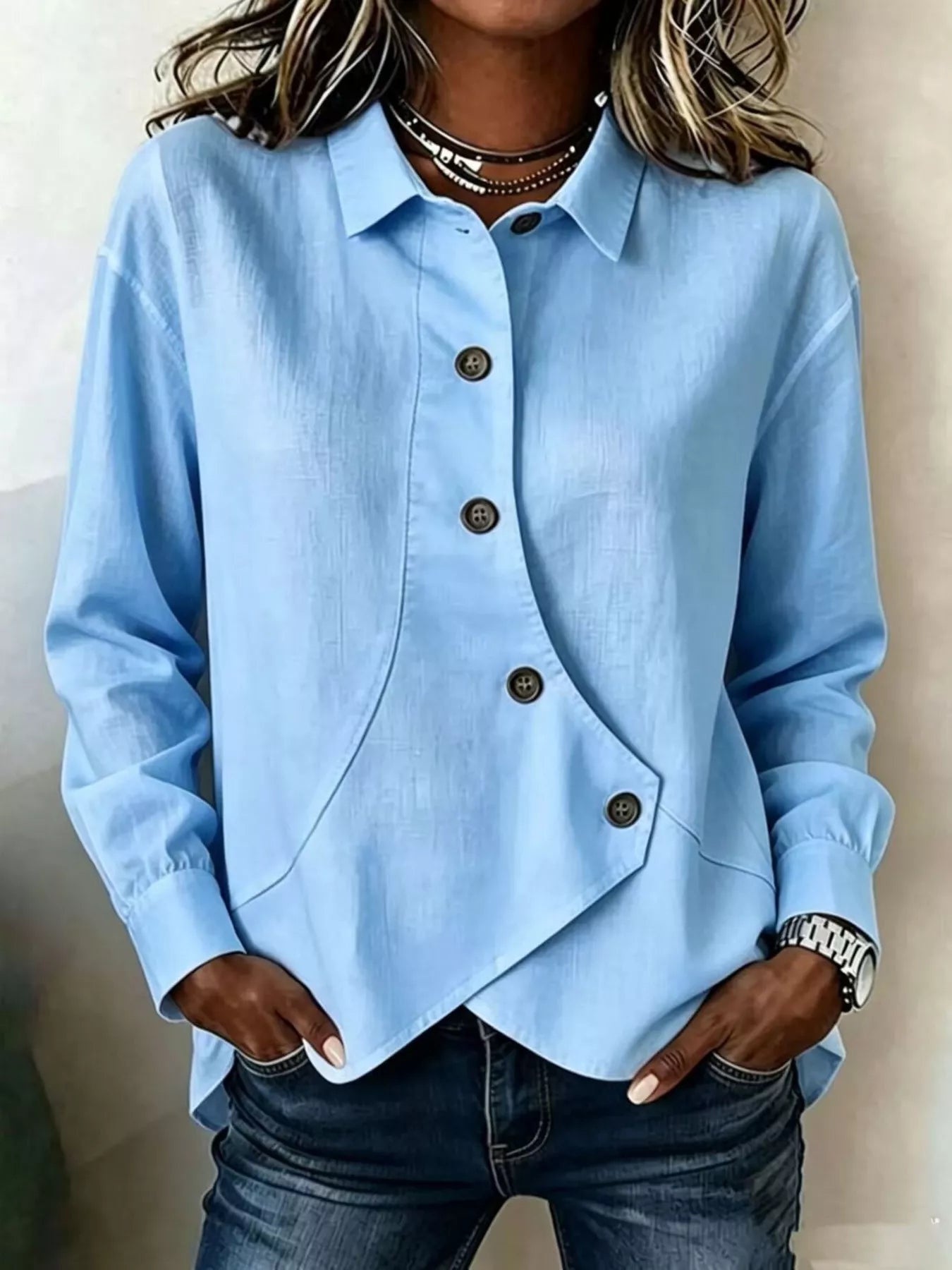 Full Size Asymmetrical Button Down Shirt Plus Size
