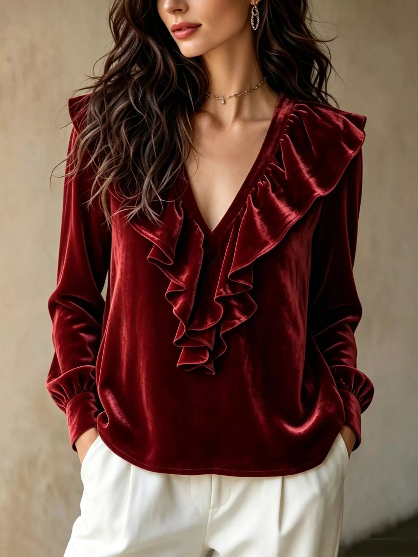 Ruffled V-Neck Long Sleeve Blouse