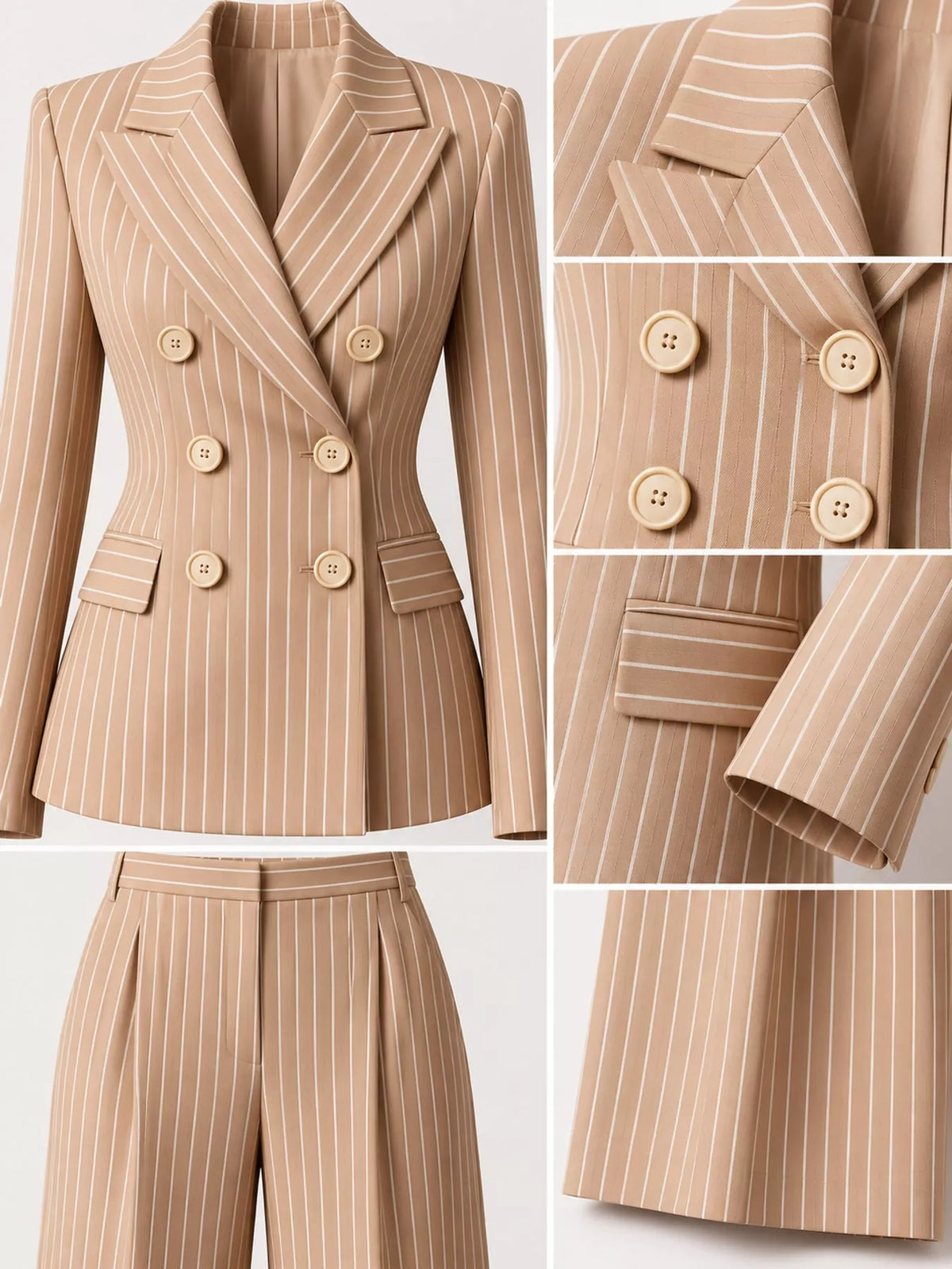 Double-Breasted Pinstripe Blazer and Wide-Leg Pants Set