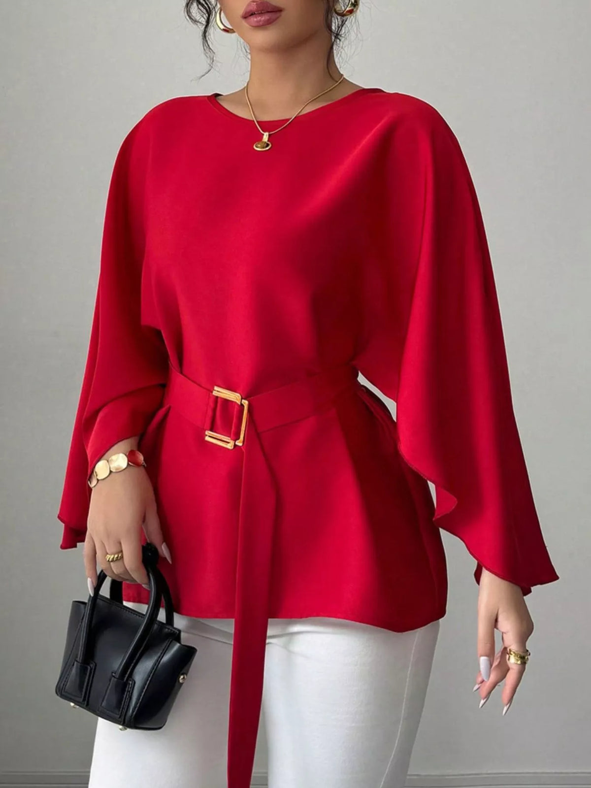 Round Neck Belt Batwing Sleeve Blouse