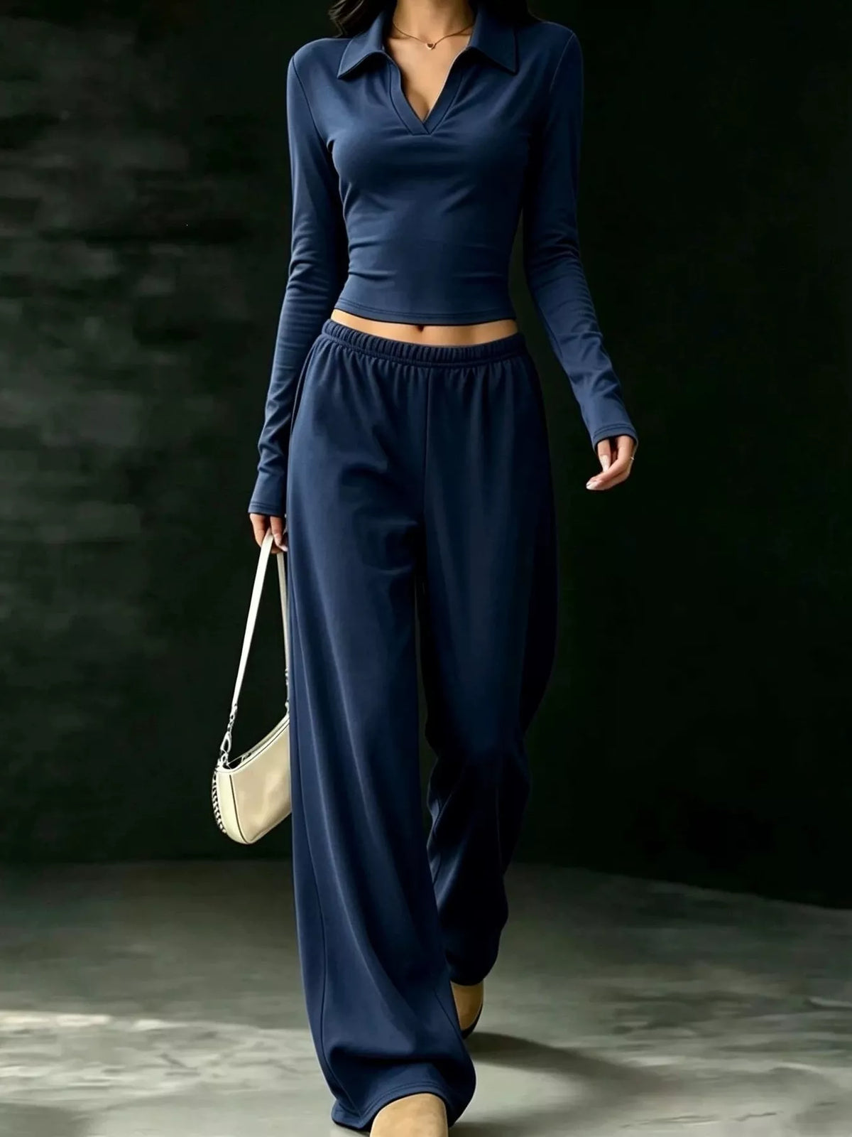Solid Color Long Sleeve Polo Collar Top and Wide Leg Pants Set