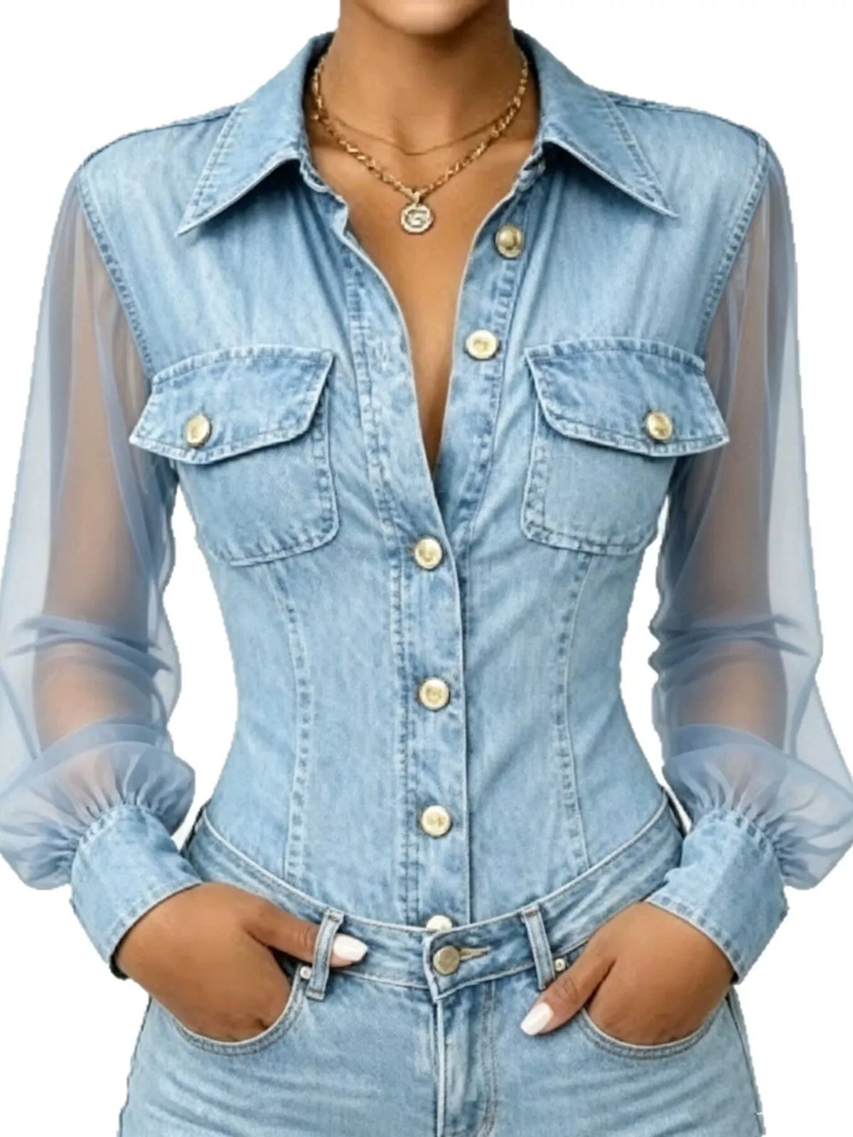 Full Size Slim-Fit Sheer Mesh Long Sleeves Shirt Plus Size