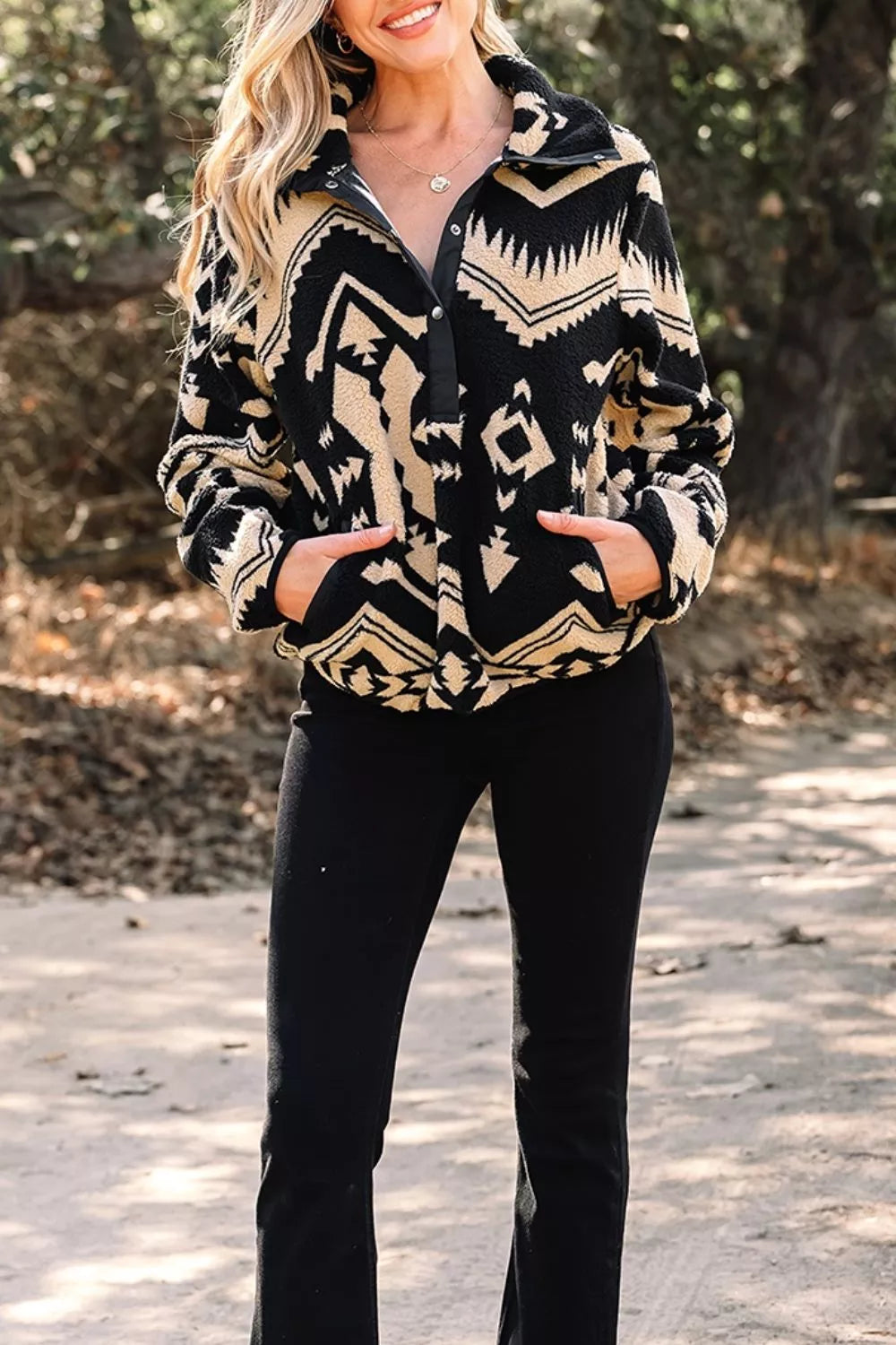 Aztec Print Fleece Snap Down Sweatshirt