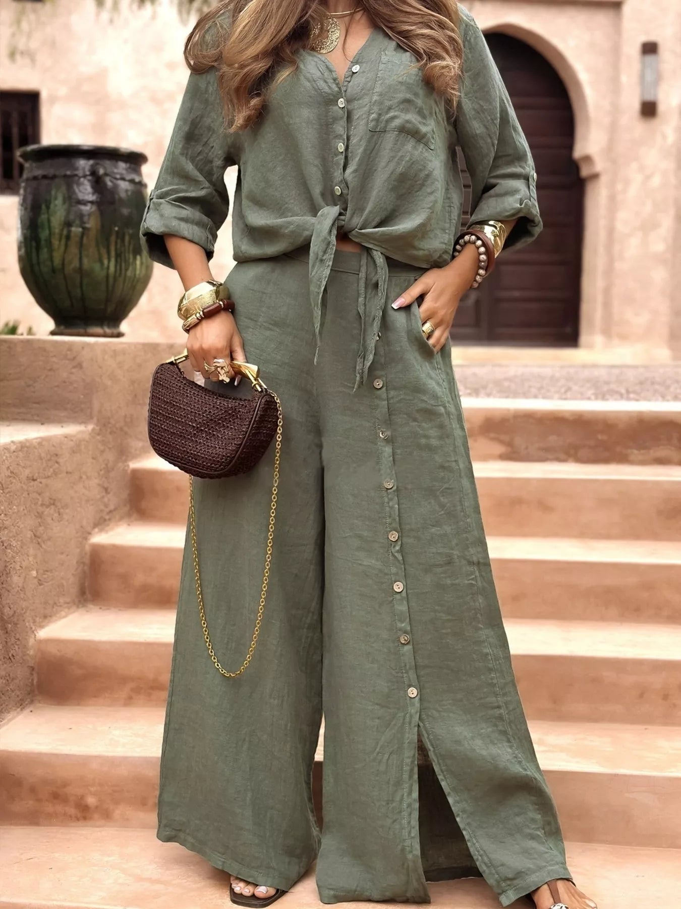 Full Size Button Up Shirt and Wide-Leg Pant Set Plus Size