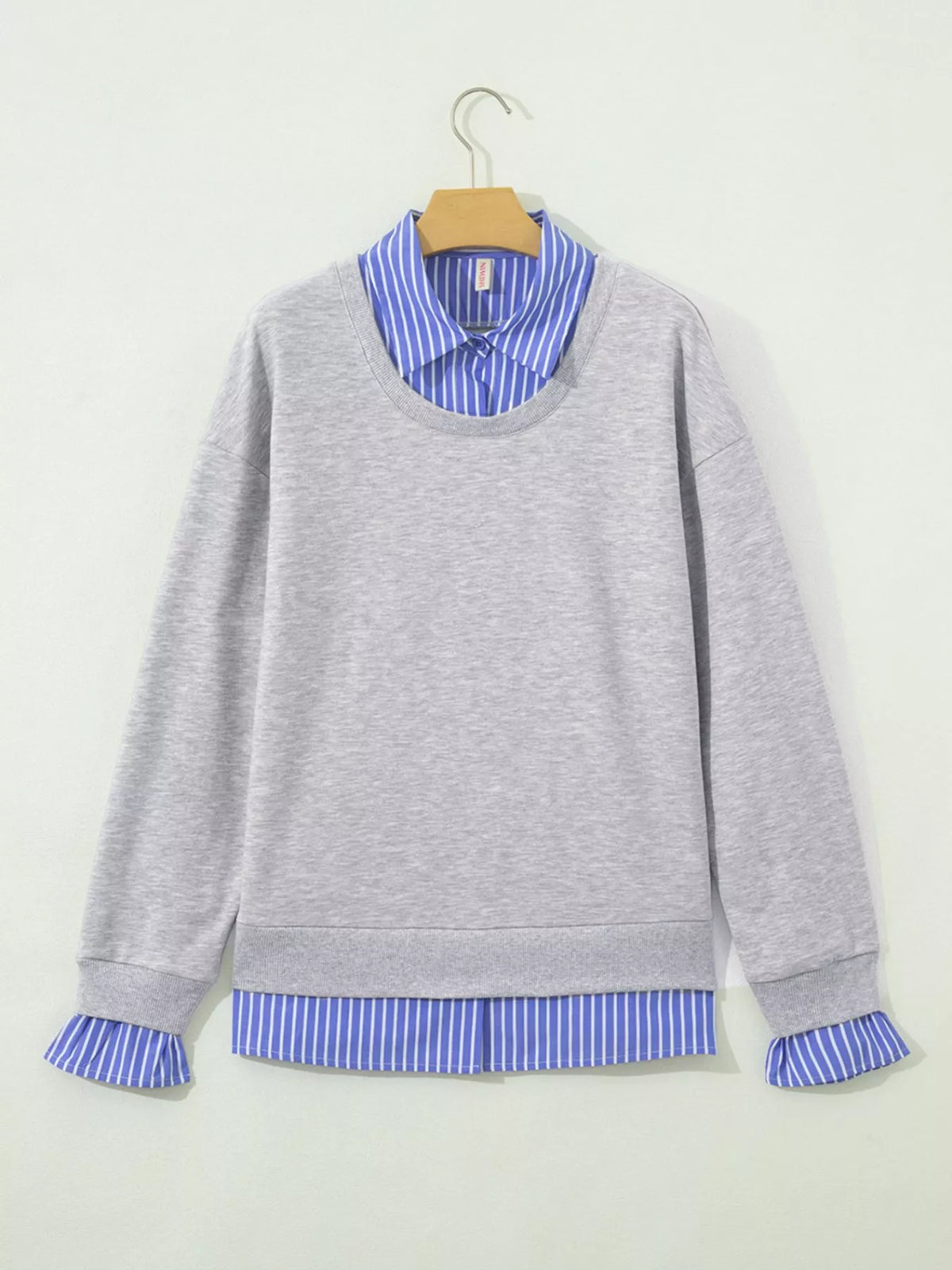 Striped Collar 2-in-1 Patchwork Casual Loose Sweatshirt