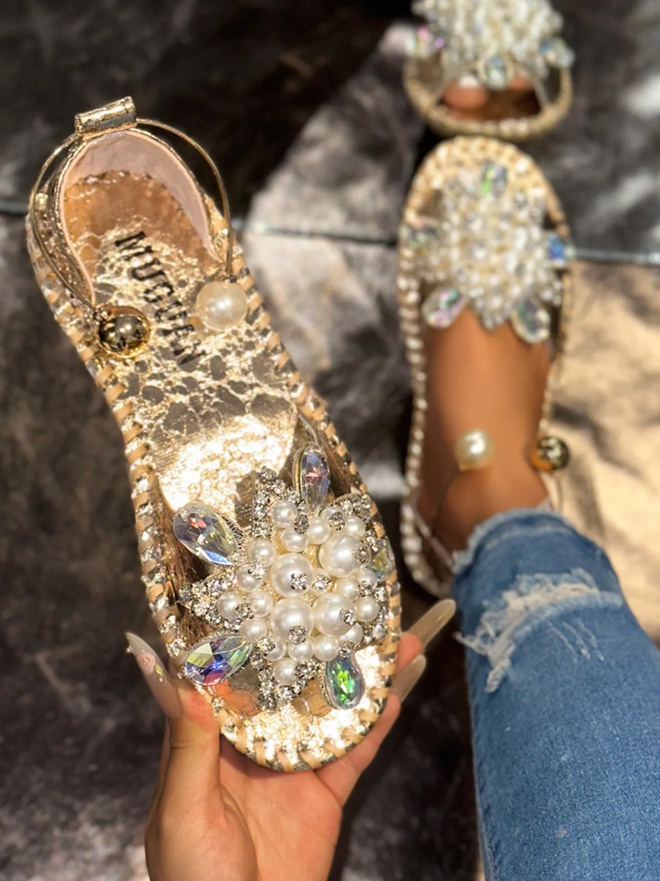Pearl Crystal Embellished Flat Sandals