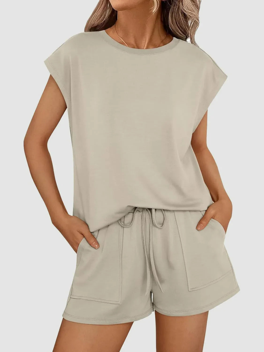 Round Neck Cap Sleeve Top and Shorts Set