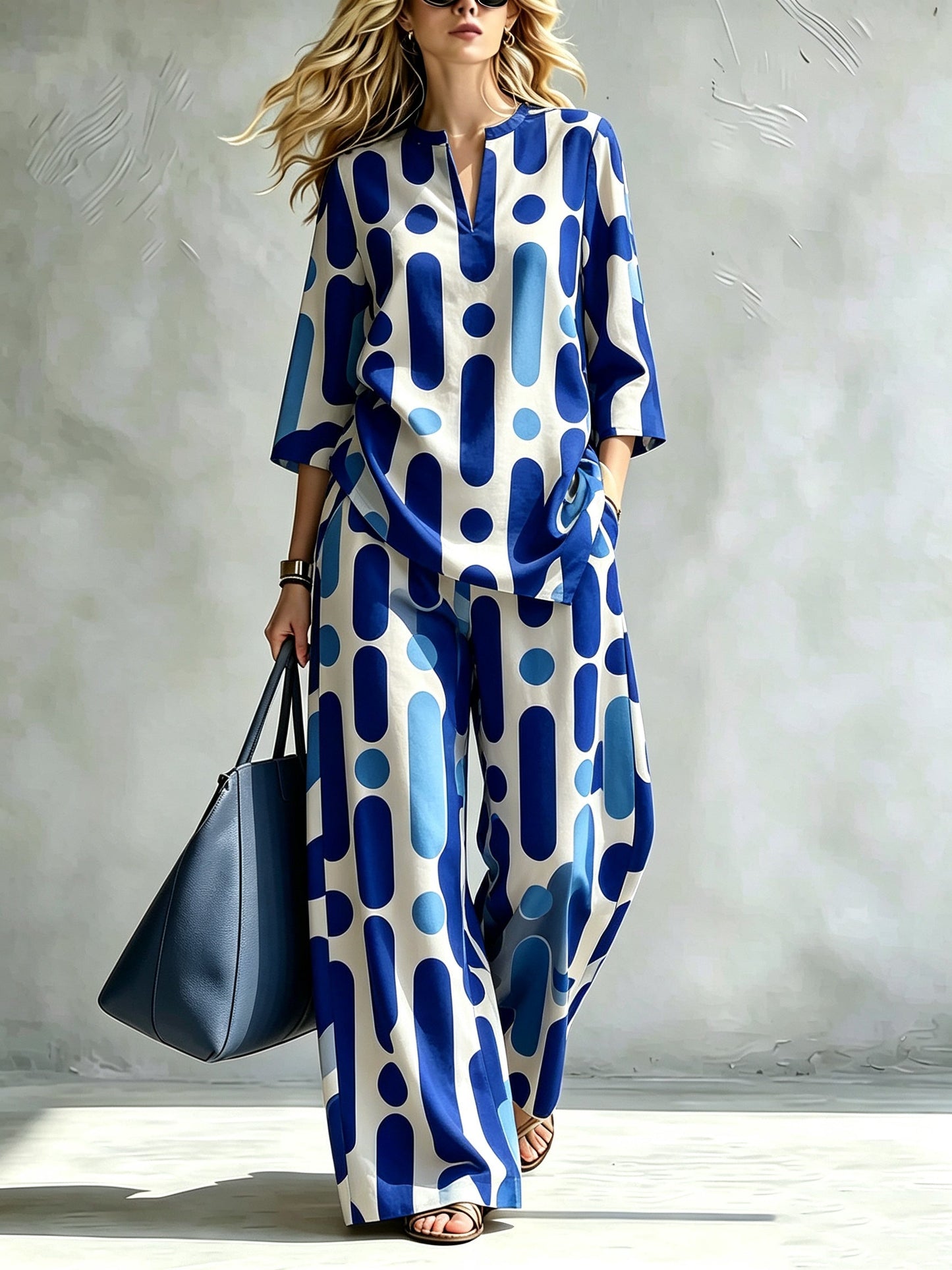 Printed Wide-Leg Trouser Set | V-Neck Top & Pants Two-Piece