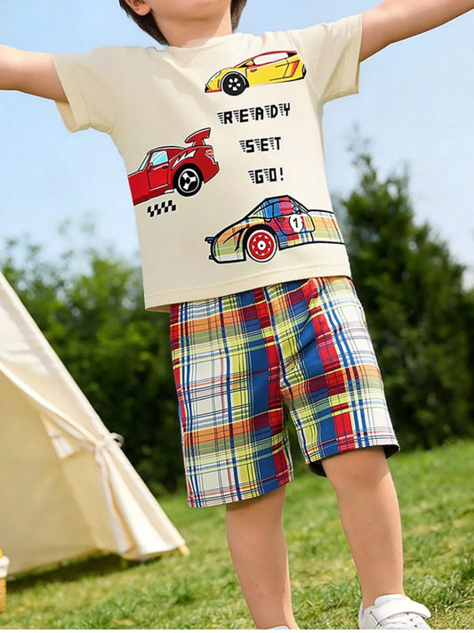 Children's Racing Car Print T-Shirt and Plaid Shorts Set