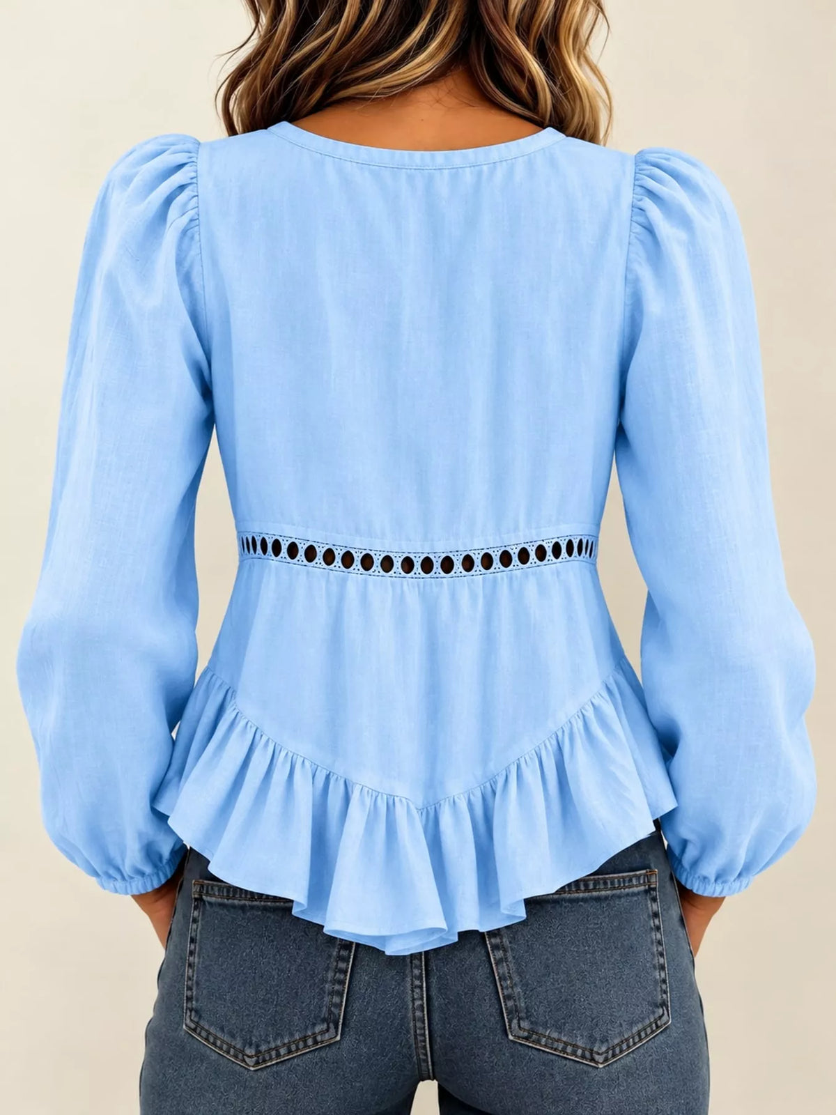 Long Sleeve Blouse with Eyelet Lace Trim and Ruffled Hem