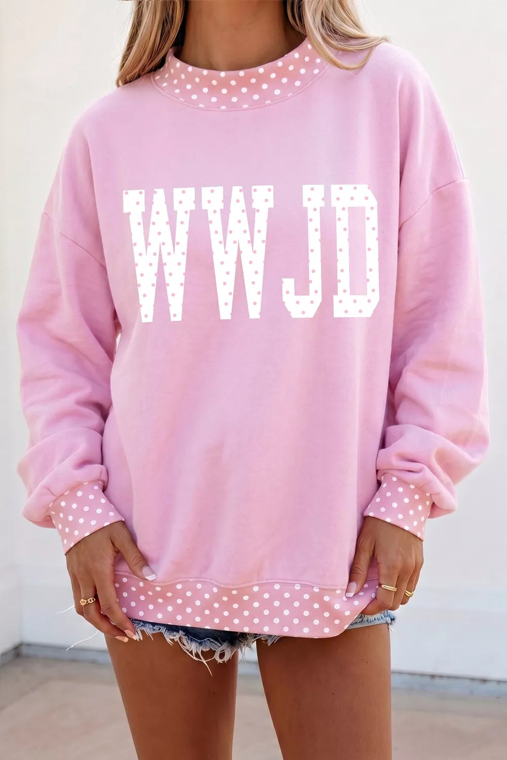 Polka Dot Letter Print Mock Neck Pullover Sweatshirt