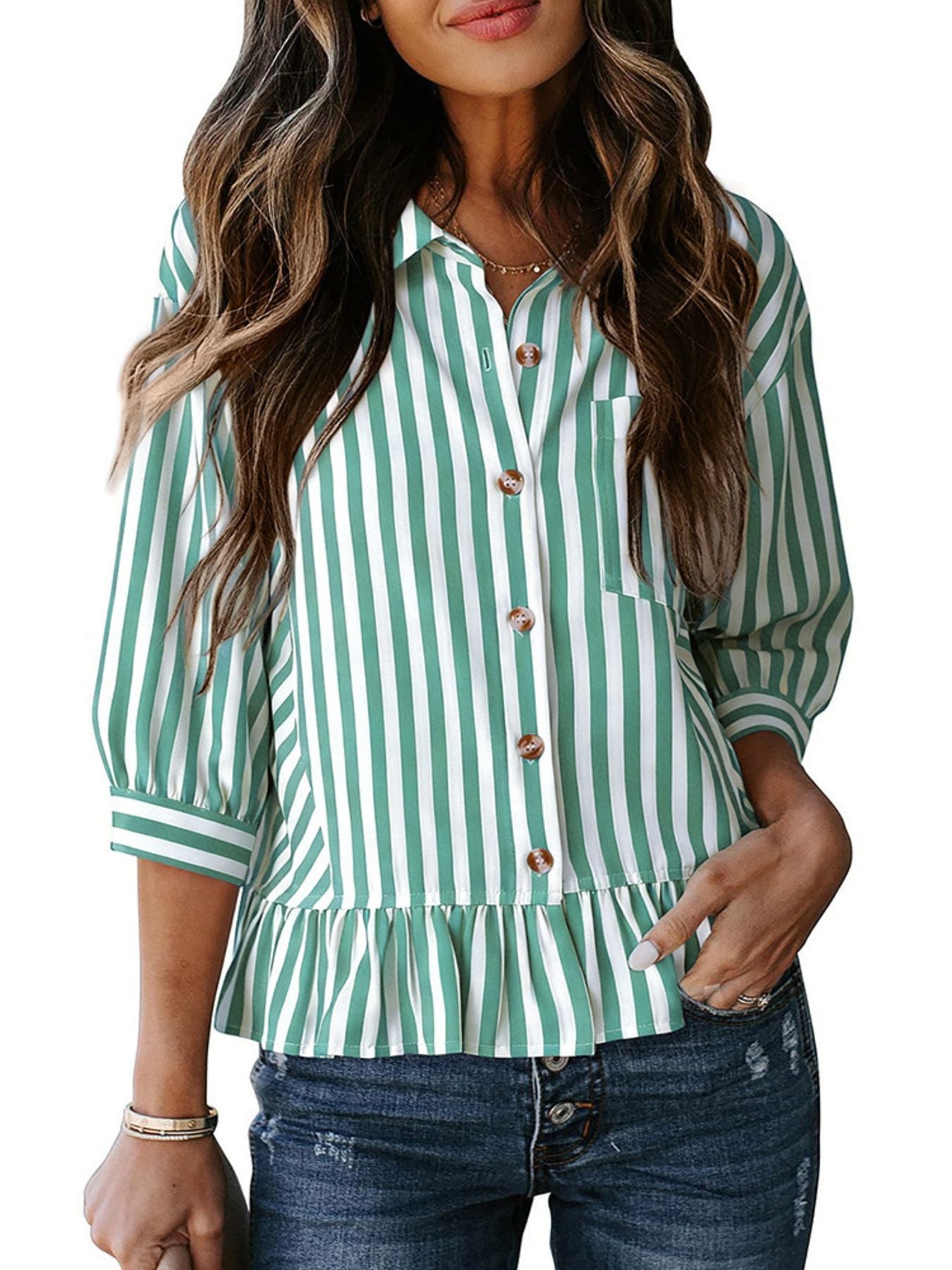 Striped Ruffle Hem Button-Down Shirt