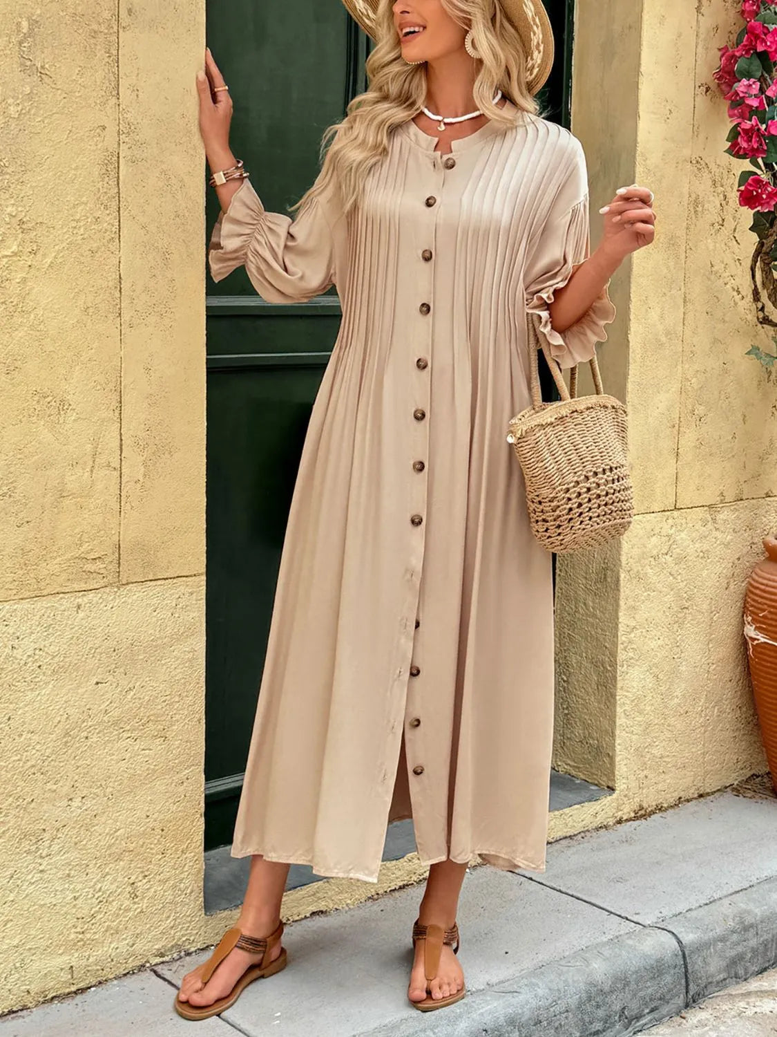 Button Front Flounce Sleeve Dress