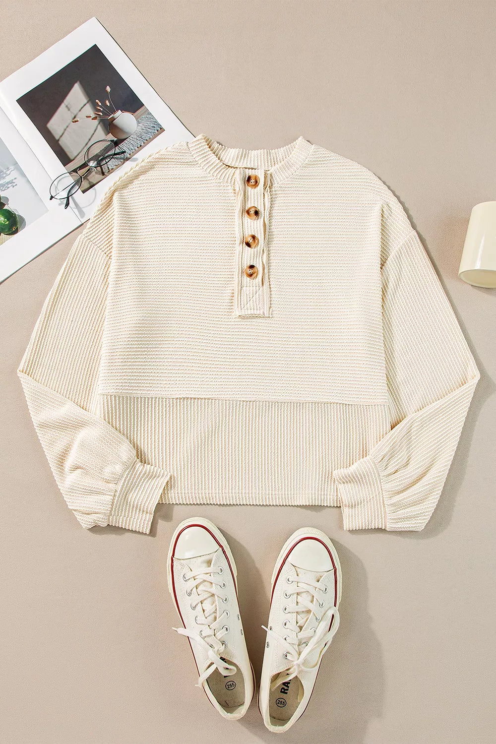 Corded Texture Lantern Sleeve Buttons Henley Sweatsuit
