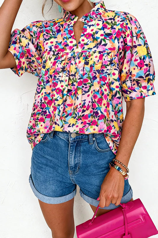 Flower Print Frilled Collar Short Puff Sleeve Summer Blouse