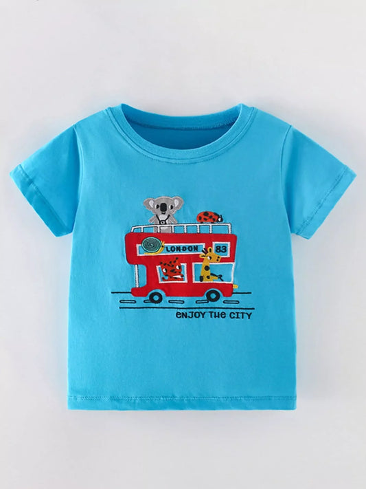 Children's Cartoon Bus Embroidery Short Sleeve T-Shirt