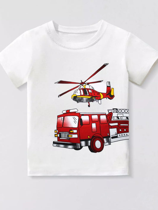 Children's Fire Truck and Helicopter Graphic T-Shirt