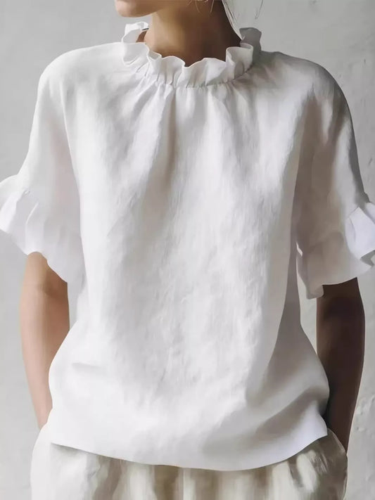 Full Size Ruffled Neck Half Sleeve Blouse Plus Size