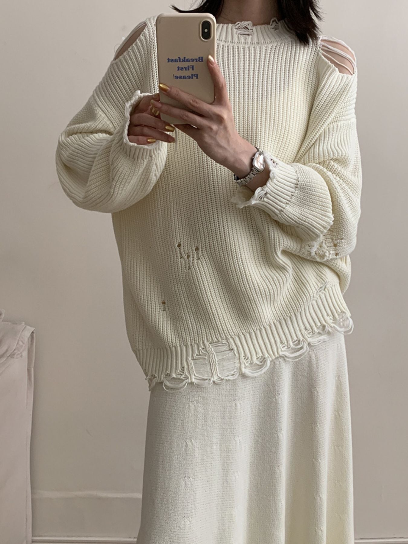 Distressed Long Sleeve Sweater and Skirt Set