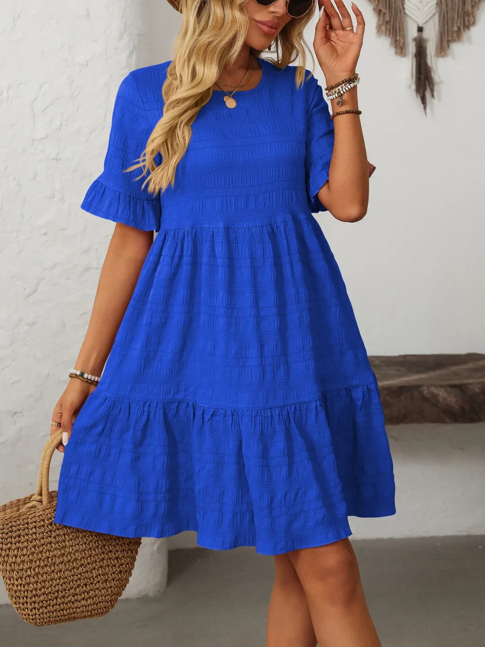 Mandy Ruffled Ruched Round Neck Half Sleeve Dress