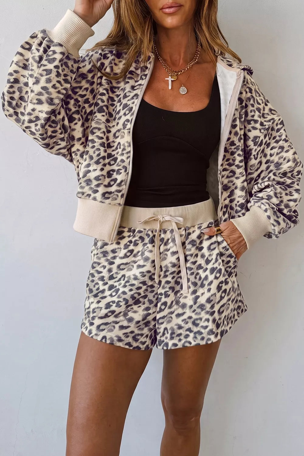 Leopard Print Zip-Up Hoodie and Shorts Set