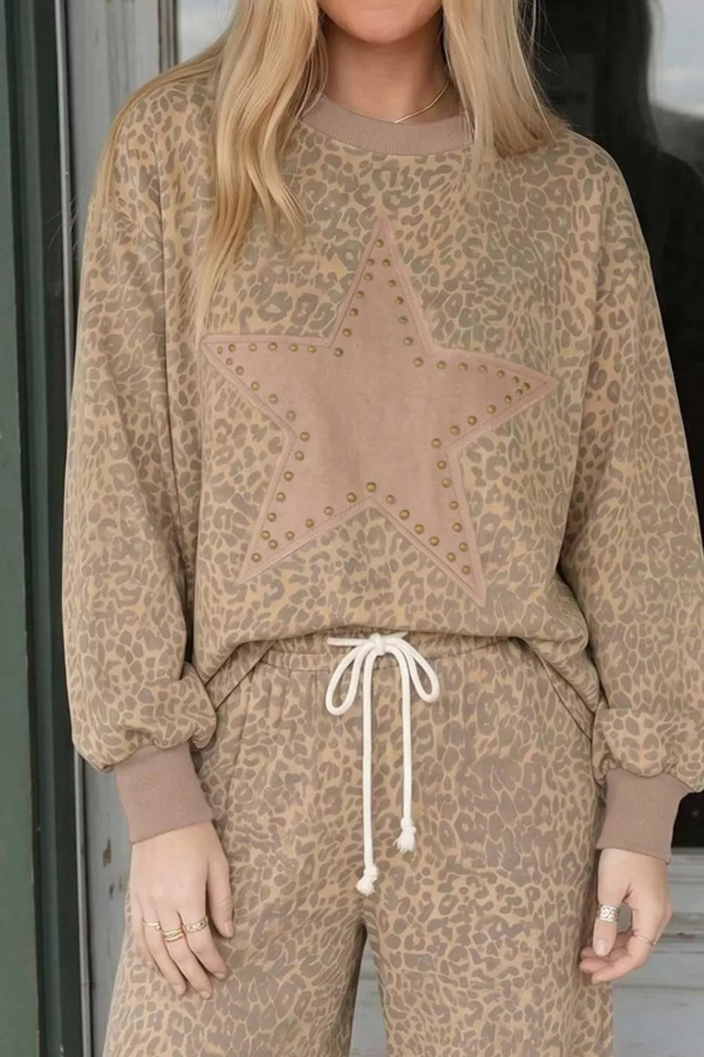 Leopard Print Star Embellished Sweatshirt and Pants Set