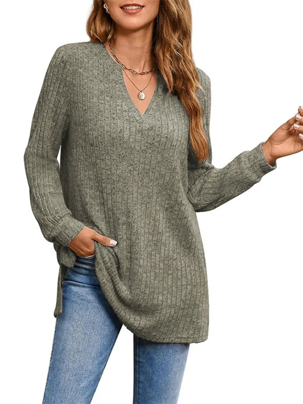 Ribbed Notched Long Sleeve T-Shirt