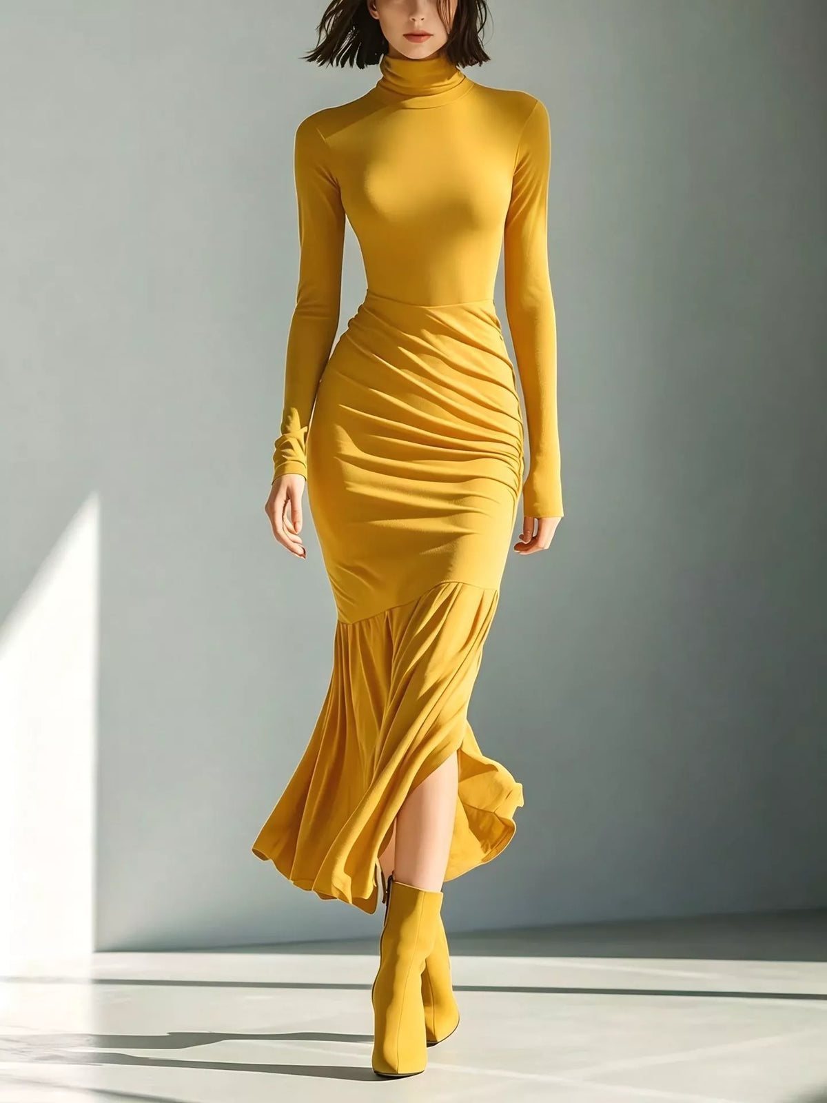 Full Size Slit Turtleneck Ruched Bodycon Mermaid Dress Plus Size