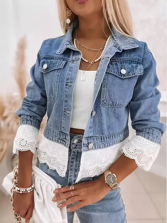 Cropped Denim Jacket with Lace Trim