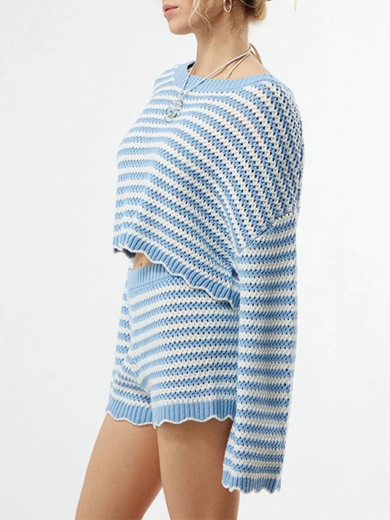 Scalloped Edges Striped Top and Shorts Set