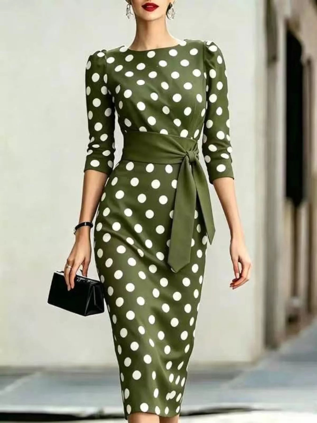 Full Size Polka Dot 3/4 Sleeve Dress Plus Size