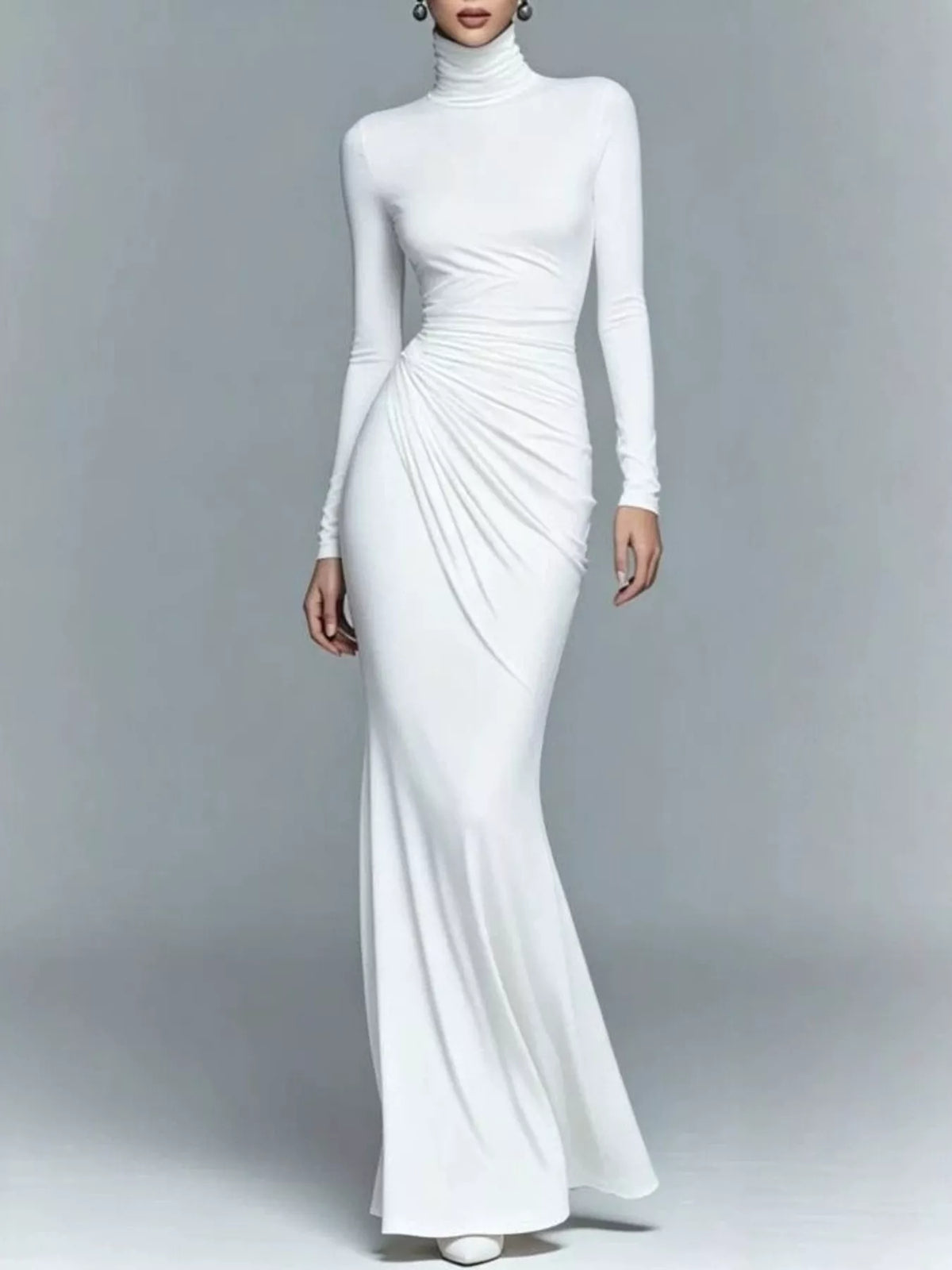 Turtleneck Long-Sleeve Ruched Maxi Dress