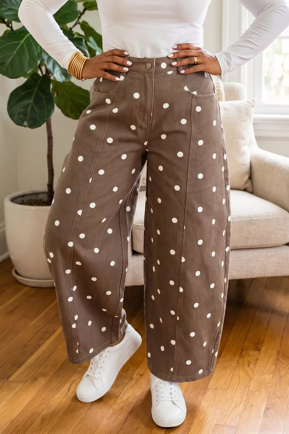 Tailored Seam Polka Dot Print Barrel Casual Jeans