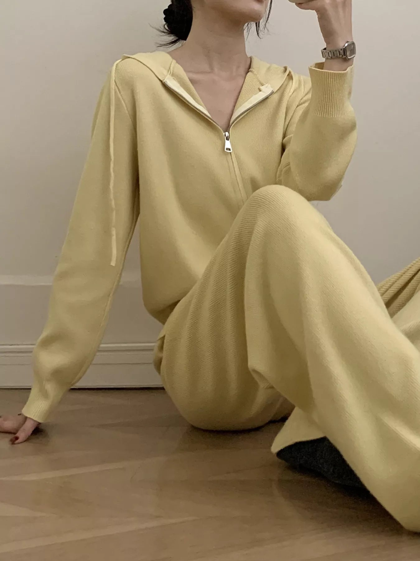 Zip Up Cardigan and Drawstring Wide Leg Pants Knit Set