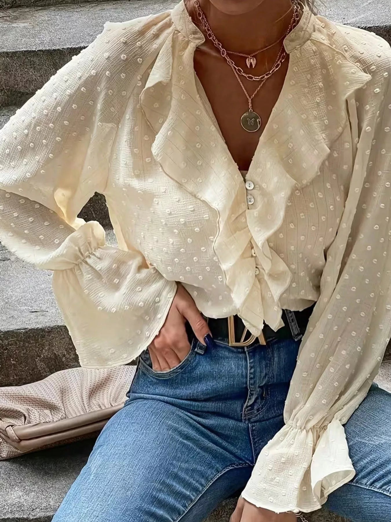 Elegant Ruffled Swiss Dot Blouse